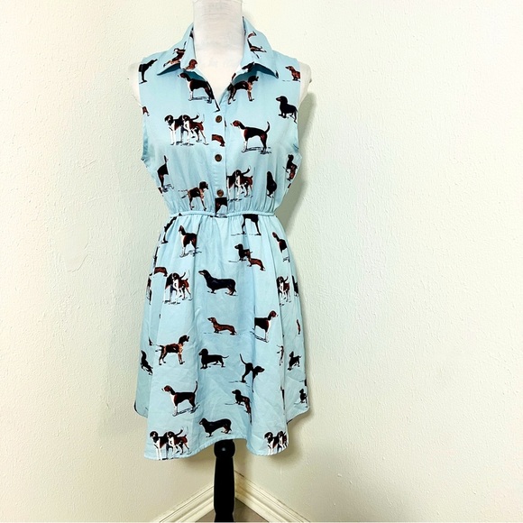 LaVielente Women’s M/L Dachshund Print Light Blue Sleeveless Mini Dress Lined - Picture 2 of 9